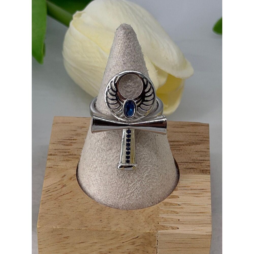 Sterling Silver Blue topaz Ankh Ring with Wings - Picture 2 of 5